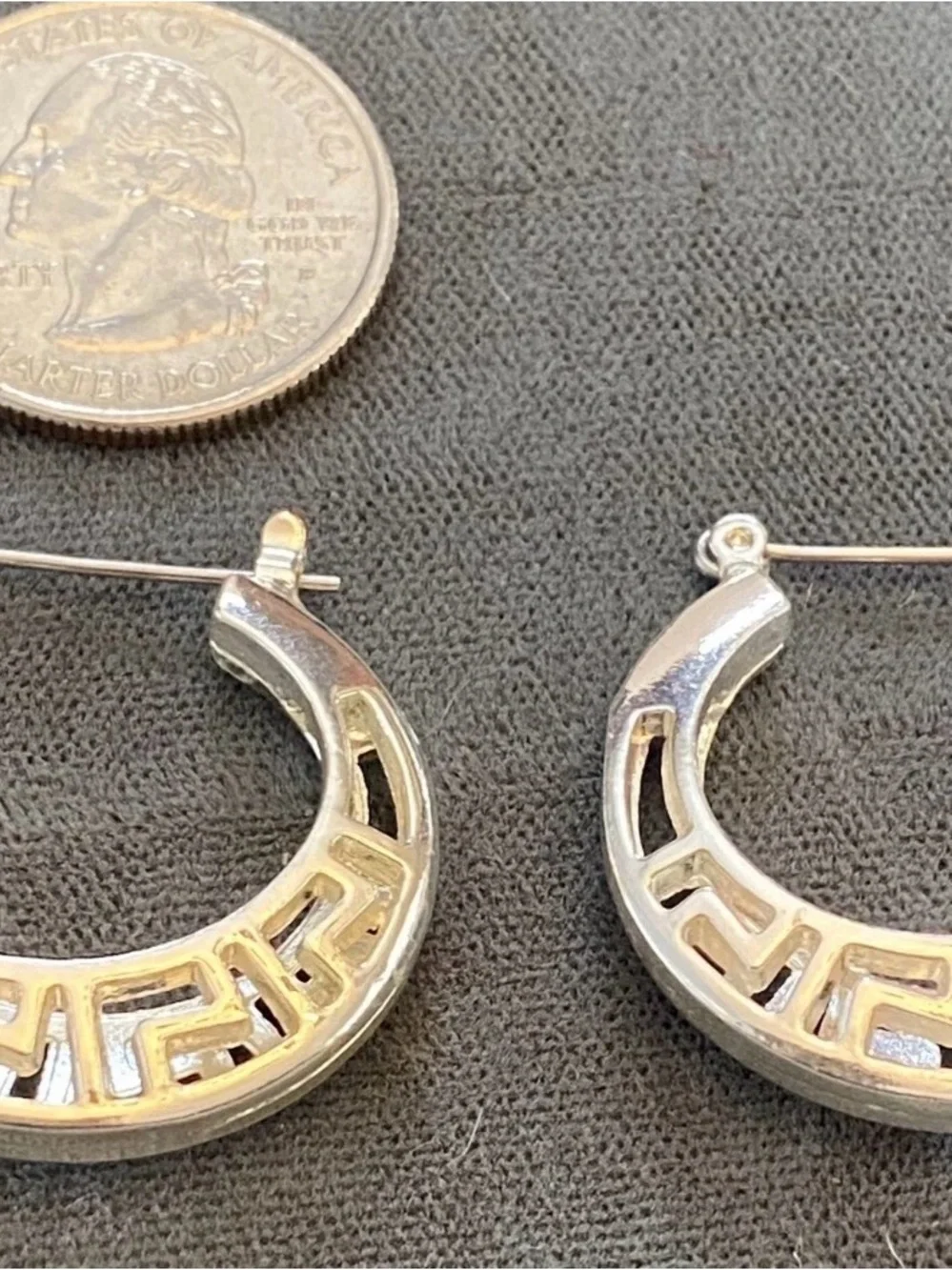 Silver Tone Greek Key Pattern cut-out Hoop Earrings